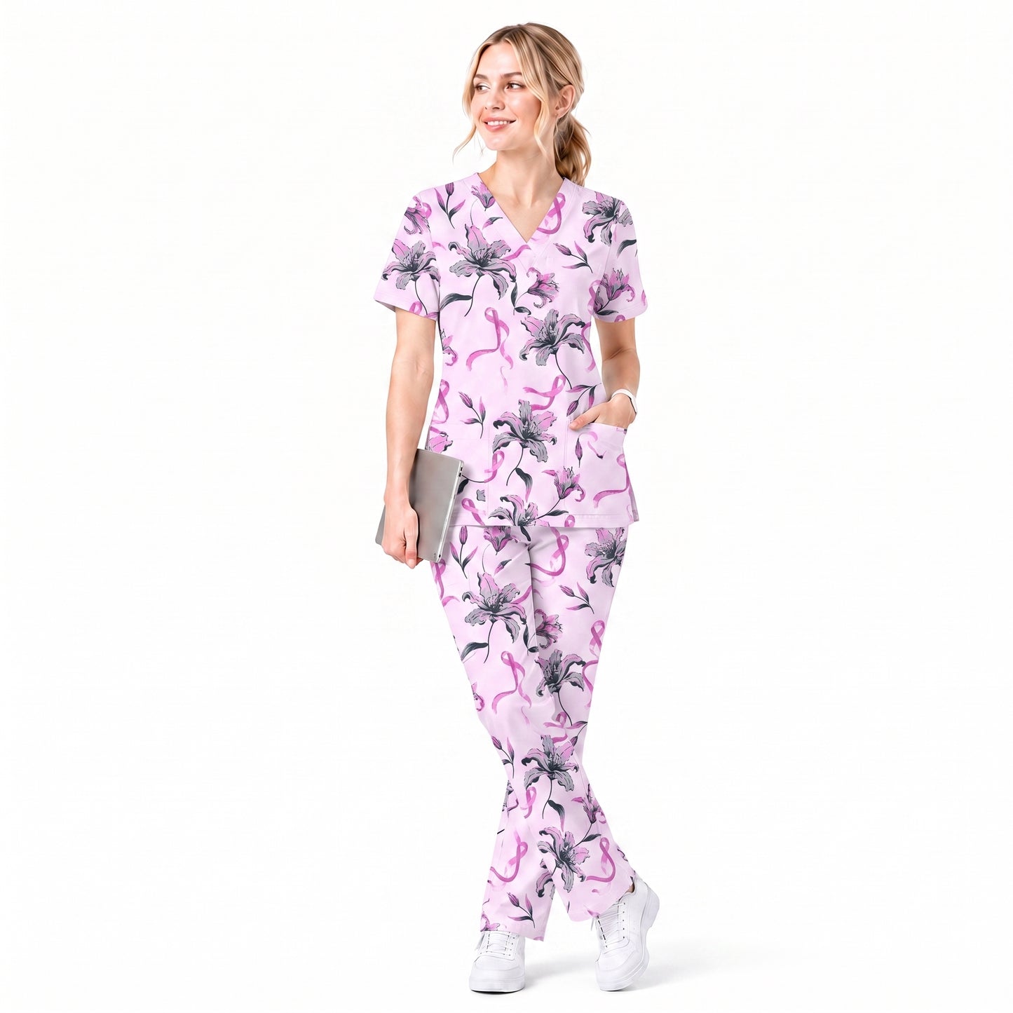 Breast Cancer Awareness Scrub Top for Women, Pink Ribbon Lily Floral Nursing Uniform, Support Breast Cancer Warrior Gift