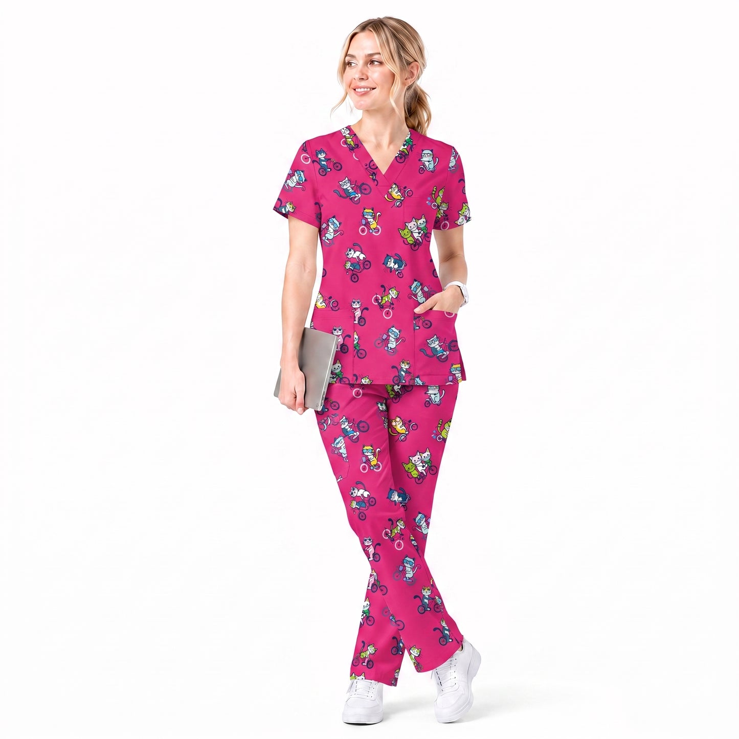 Cat On Wheels Pattern Scrub Top, Funny Cats Scrub Top for Women, Breathable Fabrics Nursing Uniform