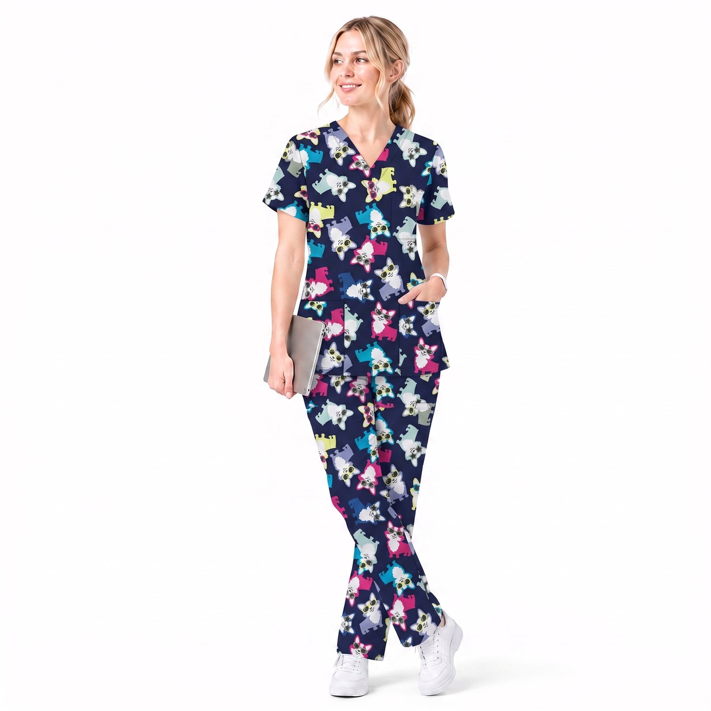 Funny Dog Print Scrub Top, Cute Puppy Pattern Nursing Uniform, Breathable Medical Scrubs for Women