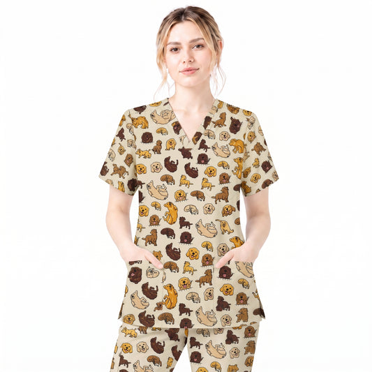 Funny Labrador Pattern Scrub Top, Lab Retriever Dog Nursing Scrub for Women, Breathable Veterinary Medical Uniform