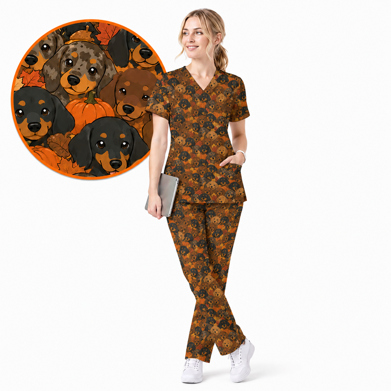 Funny Autumn Dachshund Scrub Top, Fall Wiener Dog Nurse Scrubs for Dog Lovers, Comfortable Uniform for Nurses