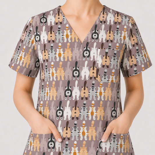 Funny Cat Nursing Shirt, Cute Cat Butt Pattern Scrub Top, Comfortable Scrubs For Nurses