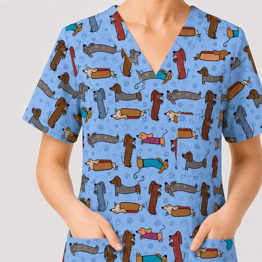 Cute Dachshund Scrub Top for Nurses, Funny Wiener Dog Print Medical Uniform Shirt, Sausage Dog Pattern Veterinary Workwear