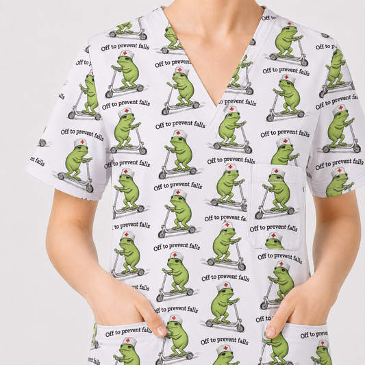 Funny Nurse Scrub Top, Off To Prevent Falls Nursing Shirt, Breathable Fabrics Nursing Uniform