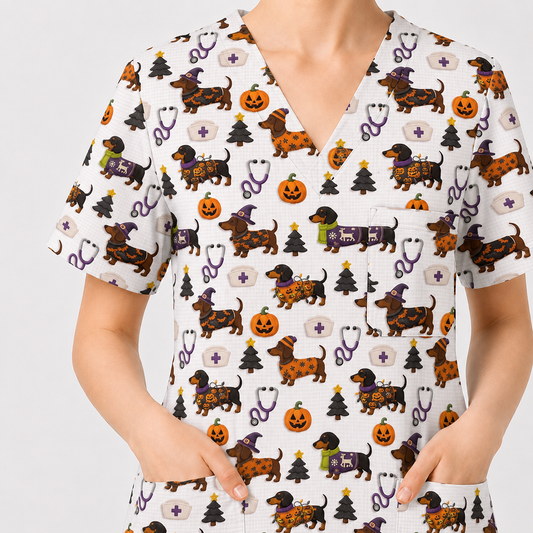 Funny Wiener Dog Pattern Scrub, Halloween Dachshund with Pumpkin Stethoscope Print Scrub Top, Breathable Fabrics Nursing Uniform (Copy)