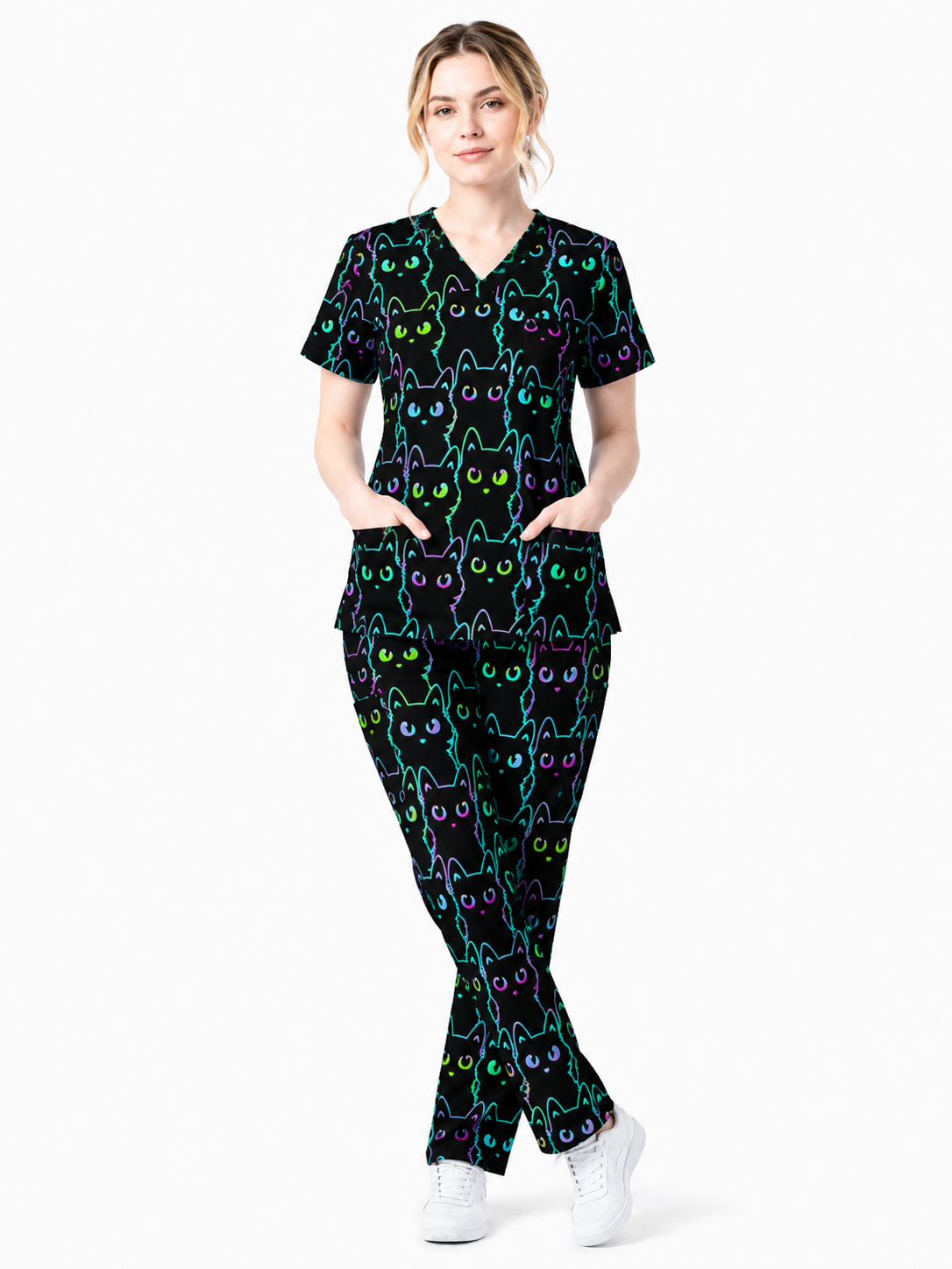 Black Cat Scrub Shirt, Neon Cat Pattern Scrub Top, Breathable Fabrics Nursing Uniform