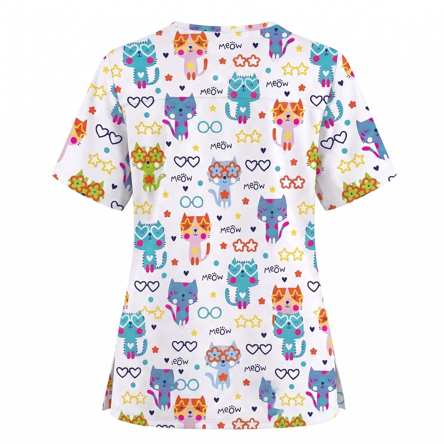 Cat Meow Pattern Scrub Top, Funny Cats Scrub Top for Women, Breathable Fabrics Nursing Uniform
