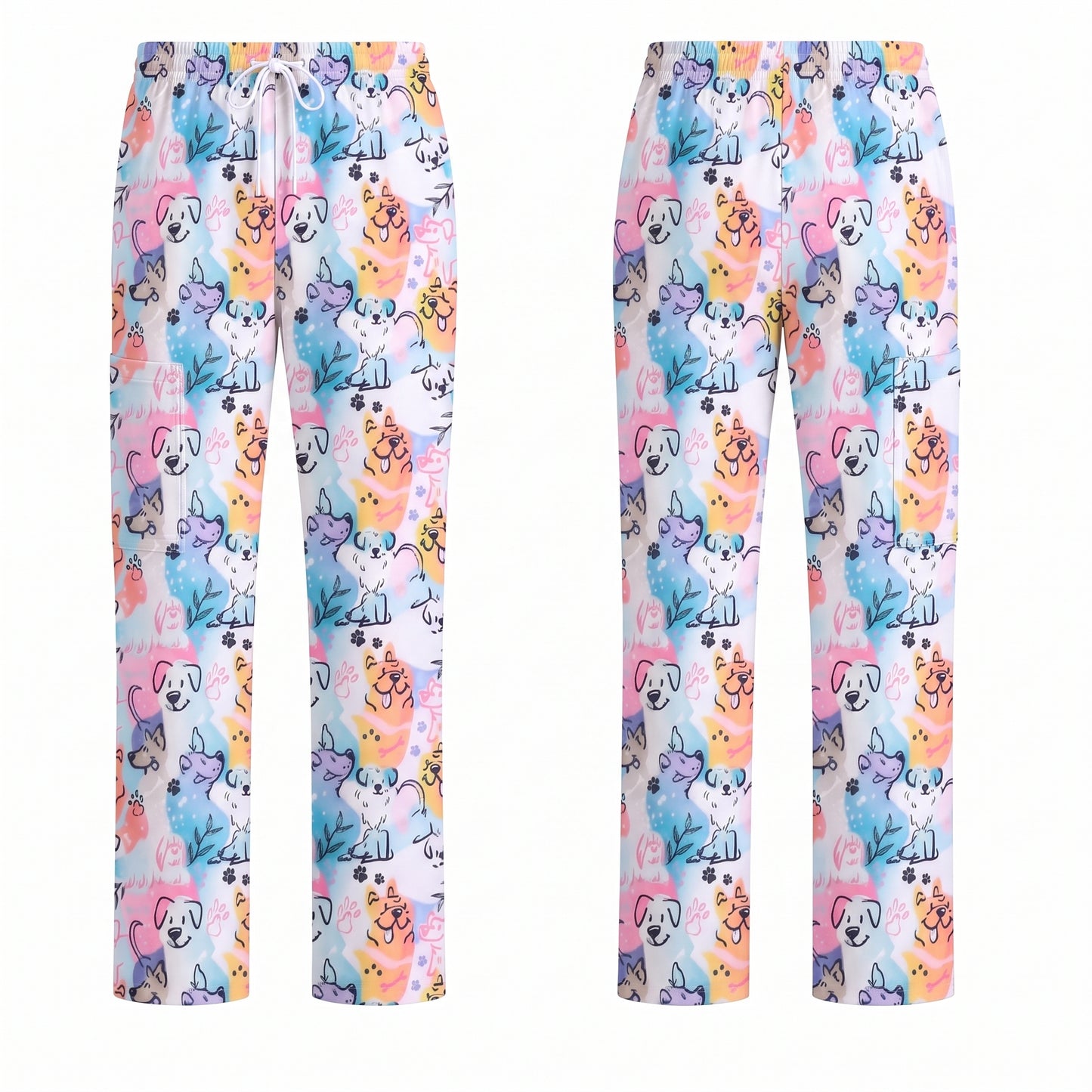 Cute Dog Pattern Scrub Top for Women, Colorful Cartoon Dogs Nursing Uniform, Funny Puppy Print Medical Scrub Shirt, Breathable Veterinary & Nurse Scrubs Gift