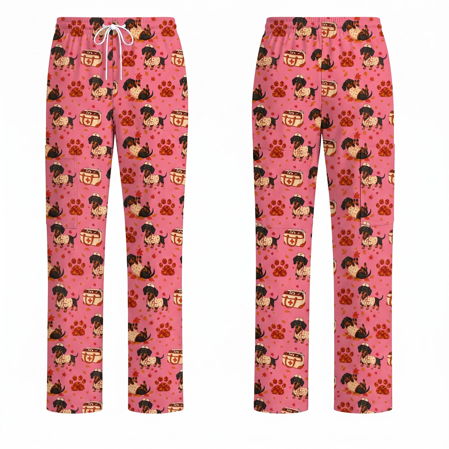 Fall Dachshund Scrub Top, Autumn Wiener Dog Nurse Uniform for Veterinary Professionals, Breathable Fabrics Nursing Scrubs for Dog Lovers