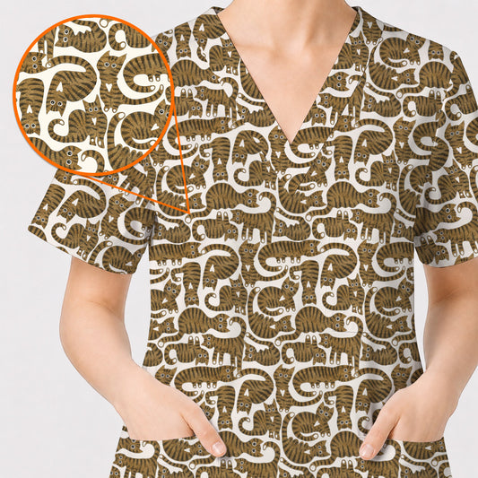 Cute Tabby Cat Pattern Scrub Top, Brown Tabby Cat Nursing Uniform for Cat Lovers, Comfortable Feline Scrubs for Nurses