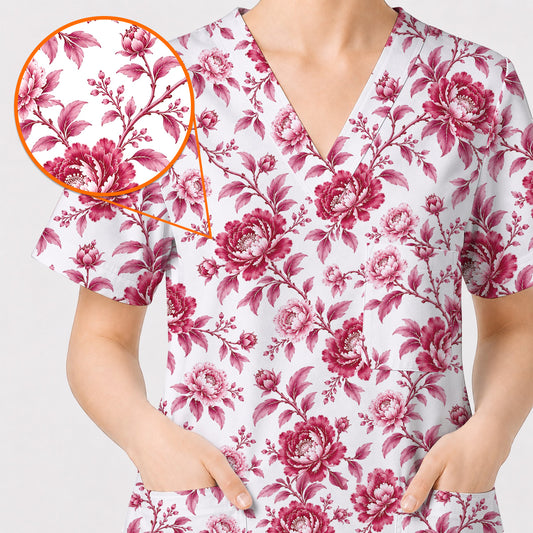 Peony Floral Scrub Top for Women, Elegant Peony Nurse Scrub Shirt, Floral Nursing Uniform For Healthcare Workers