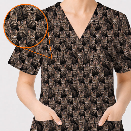 Tabby Cat Pattern Scrub Top, Brown Tabby Cat Nurse Scrubs, Cat Lover Nursing Uniform
