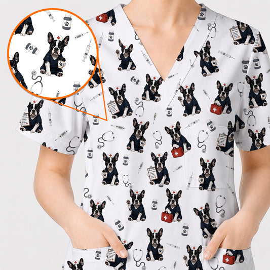 Frenchton Veterinary Scrub Top, Frenchton Vet Nurse Uniform for Animal Lovers, Comfortable Veterinary Scrubs for Veterinary Professionals