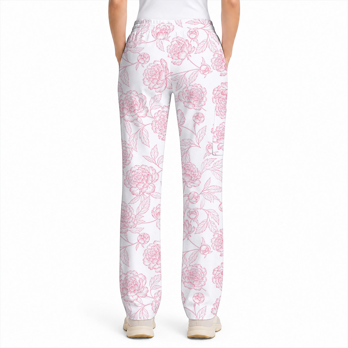 Peony Floral Pattern Scrub Top, Pink Peony Nurse Scrubs, Floral Nursing Uniform