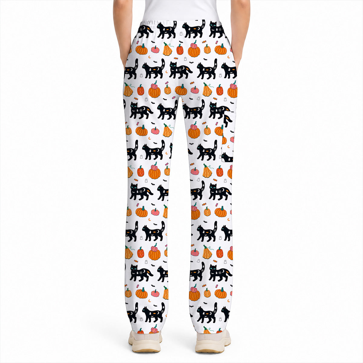 Halloween Black Cat Scrub Top, Pumpkin Cat Print Scrubs, Spooky Nurse Uniform