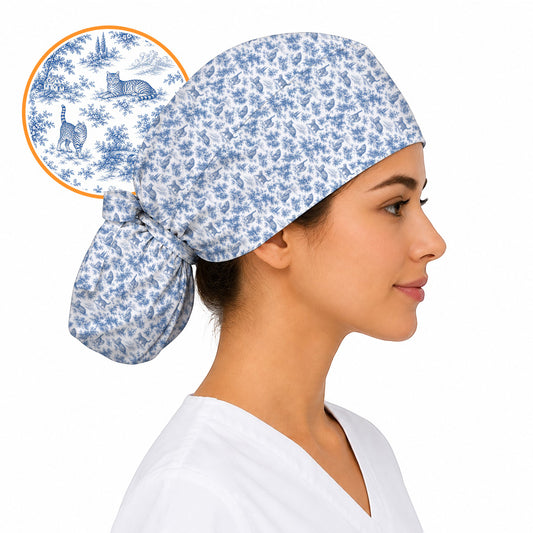 Toile de Jouy Cat Scrub Cap, Crazy Cats Pattern Nursing Caps for Cat Lovers, Vintage Feline Medical Scrubs