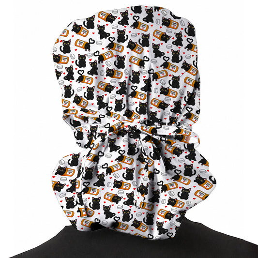 Black Cat Happy Pills Nurse Scrub Caps, Funny Pharmacy Cat Scrubs for Nurses, Cute Medical Nursing Cap Gift