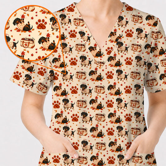 Fall Dachshund Scrub Top, Autumn Wiener Dog Nurse Uniform for Veterinary Professionals, Breathable Fabrics Nursing Scrubs for Dog Lovers