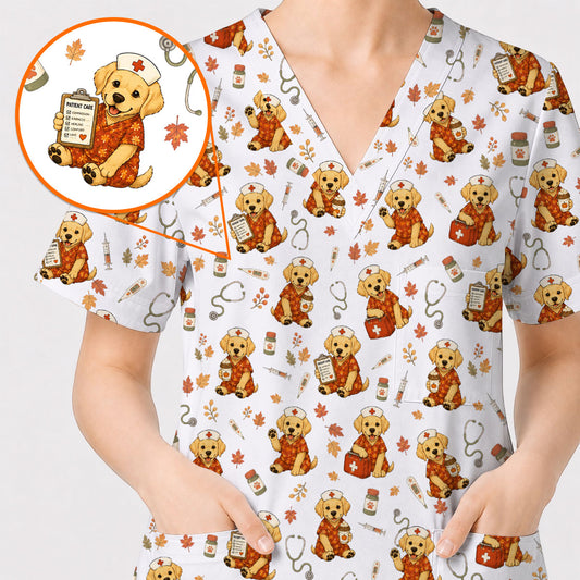 Autumn Labrador Retriever Scrub Top, Fall Dog Nursing Uniform for Veterinary Professionals, Cozy Autumn Nurse Scrubs for Dog Lovers