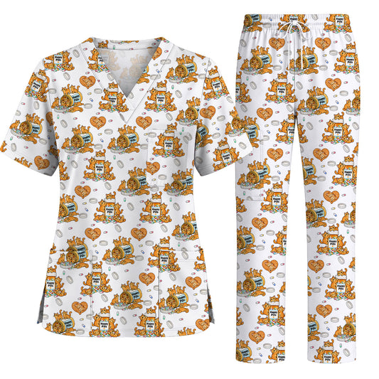 Funny Happy Pills Cat Scrub Top, Cute Orange Tabby Cats & Medicine Bottle Pattern Nursing Scrubs, Playful Kitty Medical Uniform Gift For Nurses
