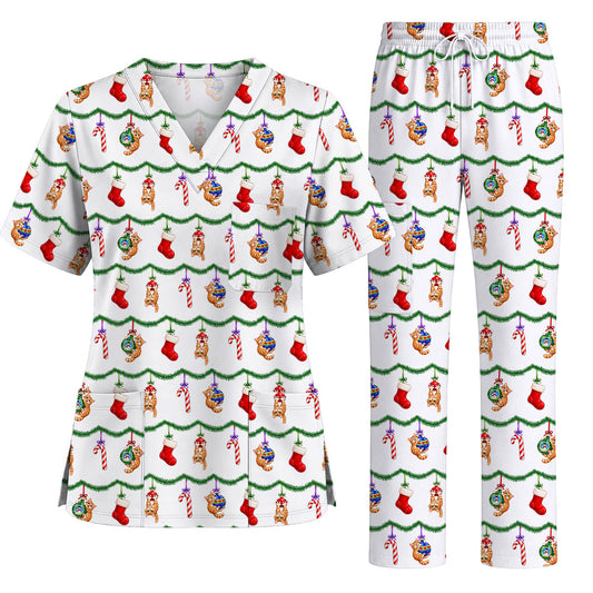 Christmas Orange Tabby Cat Scrub Top, Cute Kitty Hanging Ornaments & Candy Cane Pattern Nursing Scrubs, Xmas Holiday Medical Uniform Gift For Nurses