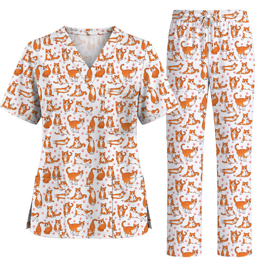 Playful Orange Tabby Cat Scrub Top, Cute Ginger Kitty & Paw Pattern Nursing Scrubs, Funny Cat Lover Medical Uniform Gift For Nurses