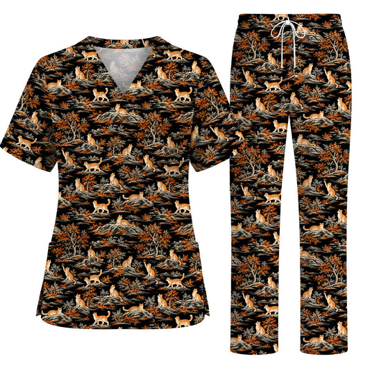 Vintage Toile De Jouy Orange Tabby Cat Scrub Top, Woodland Cat & Scenic Nature Pattern Nursing Scrubs, Kitty Medical Uniform Gift For Nurses