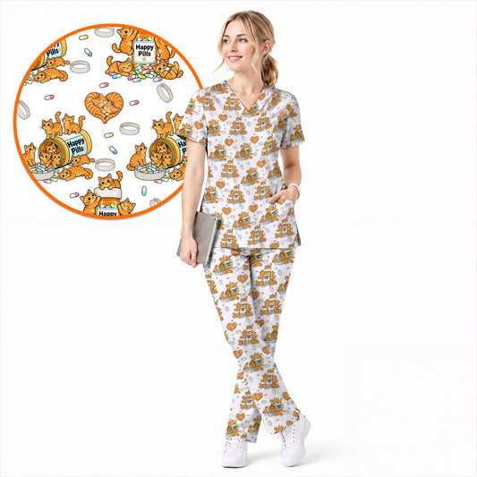 Funny Happy Pills Cat Scrub Top, Cute Orange Tabby Cats & Medicine Bottle Pattern Nursing Scrubs, Playful Kitty Medical Uniform Gift For Nurses
