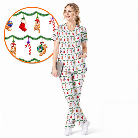 Christmas Orange Tabby Cat Scrub Top, Cute Kitty Hanging Ornaments & Candy Cane Pattern Nursing Scrubs, Xmas Holiday Medical Uniform Gift For Nurses