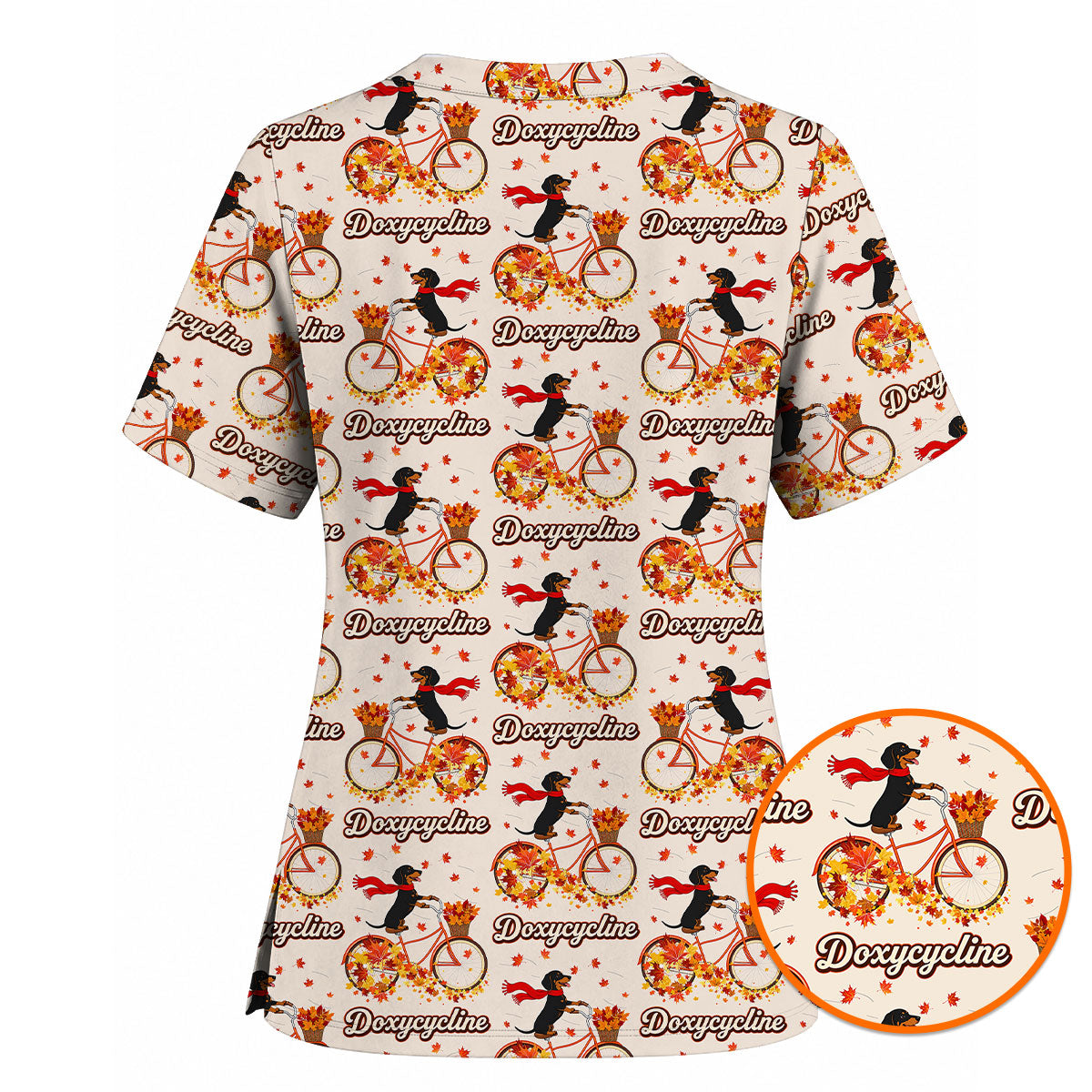 Autumn Dachshund Scrub Top, Cute Wiener Dog Fall Nursing Uniform, Breathable Veterinary Scrub Shirt