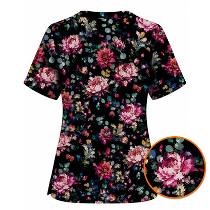 Dark Floral Scrub Top, Vintage Peony Nurse Shirt, Elegant Botanical Healthcare Uniform