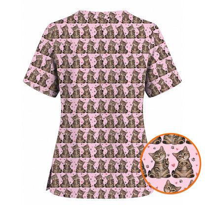 Cute Tabby Cat Pattern Scrub Top, Heart Paw Cat Nurse Scrubs, Breathable Fabrics Nursing Uniform