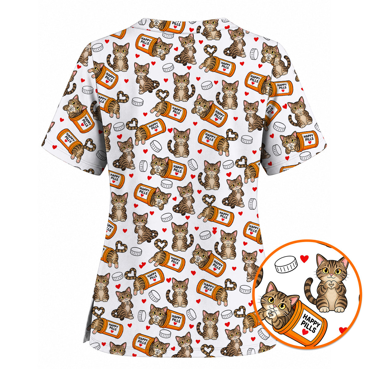 Tabby Cat Nurse Scrub Top, Happy Pills Medical Scrubs, Cute Cat Lover Healthcare Uniform