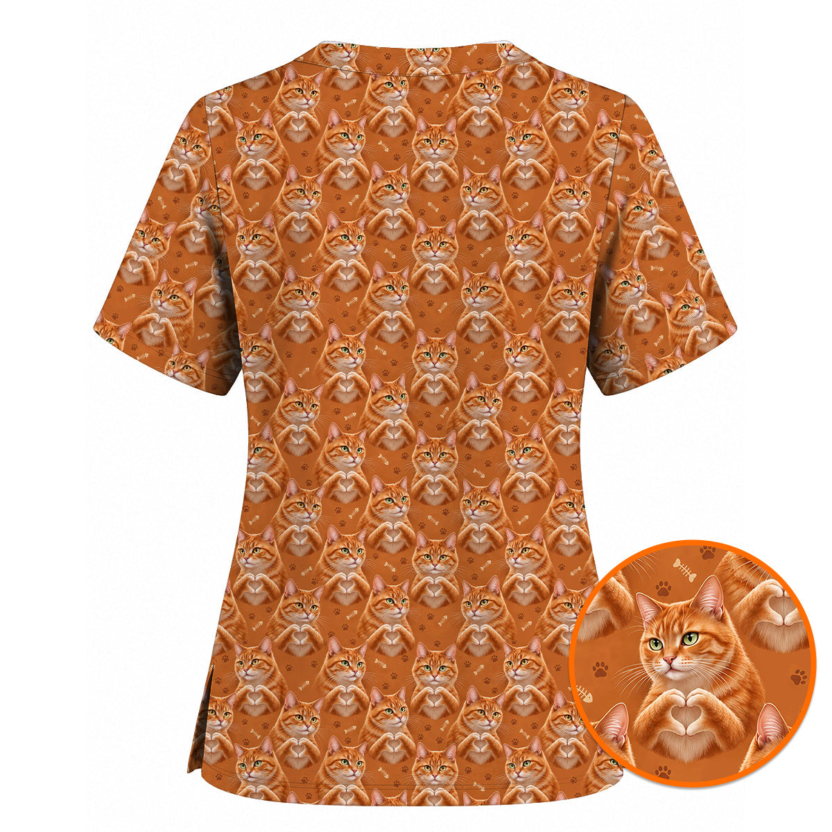 Orange Tabby Cat Love Nurse Scrub Top, Cute Cat Pattern Scrubs For Nurses, Breathable Fabrics Nursing Uniform