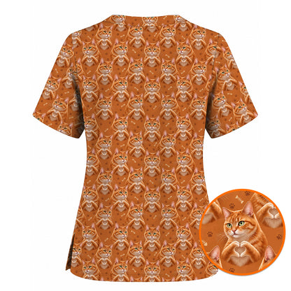 Orange Tabby Cat Love Nurse Scrub Top, Cute Cat Pattern Scrubs For Nurses, Breathable Fabrics Nursing Uniform