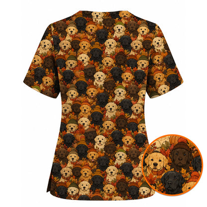 Autumn Labrador Scrub Top, Fall Labrador Retriever Nursing Uniform for Dog Lovers, Cozy Nurse Scrubs with Labrador Pattern