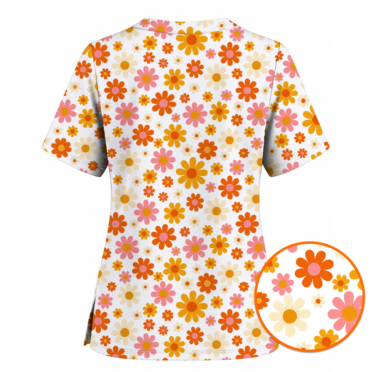 Retro Daisy Scrub Top, Colorful Daisy Floral Nurse Scrubs Uniform, Groovy Flower Gift For Nurses