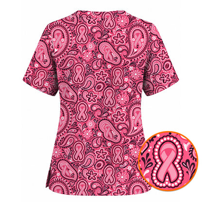 Breast Cancer Awareness Pattern Scrub Top, Pink Ribbon Nurse Scrubs, Breathable Fabrics Nursing Uniform