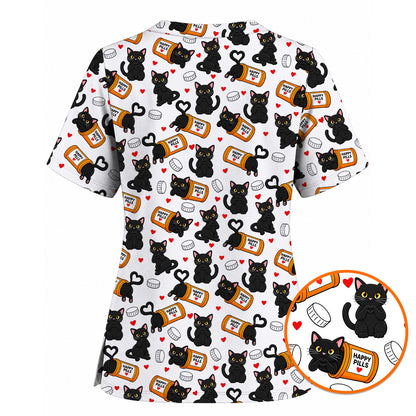 Black Cat Happy Pills Nurse Scrub Top, Funny Pharmacy Cat Scrubs for Nurses, Cute Medical Nursing Uniform Gift