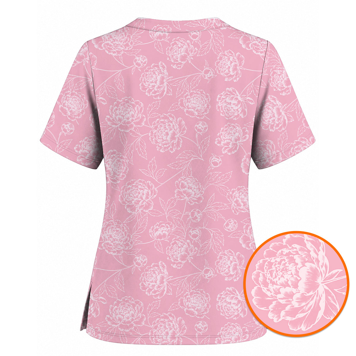 Peony Floral Pattern Scrub Top, Pink Peony Nurse Scrubs, Floral Nursing Uniform
