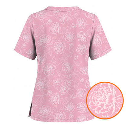 Peony Floral Pattern Scrub Top, Pink Peony Nurse Scrubs, Floral Nursing Uniform