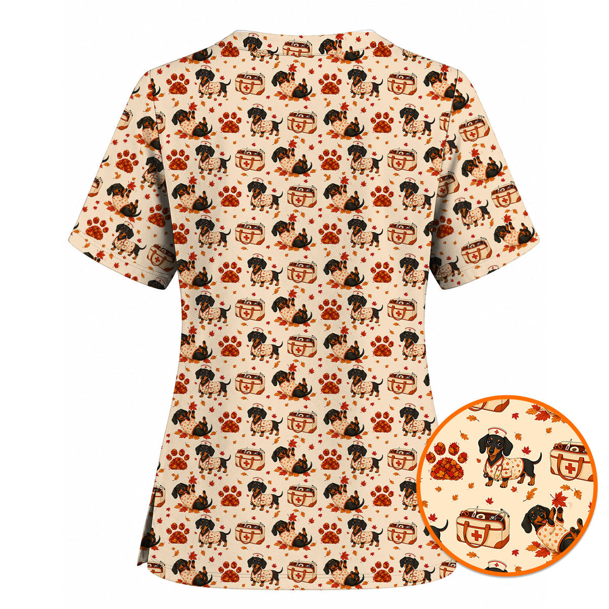 Fall Dachshund Scrub Top, Autumn Wiener Dog Nurse Uniform for Veterinary Professionals, Breathable Fabrics Nursing Scrubs for Dog Lovers