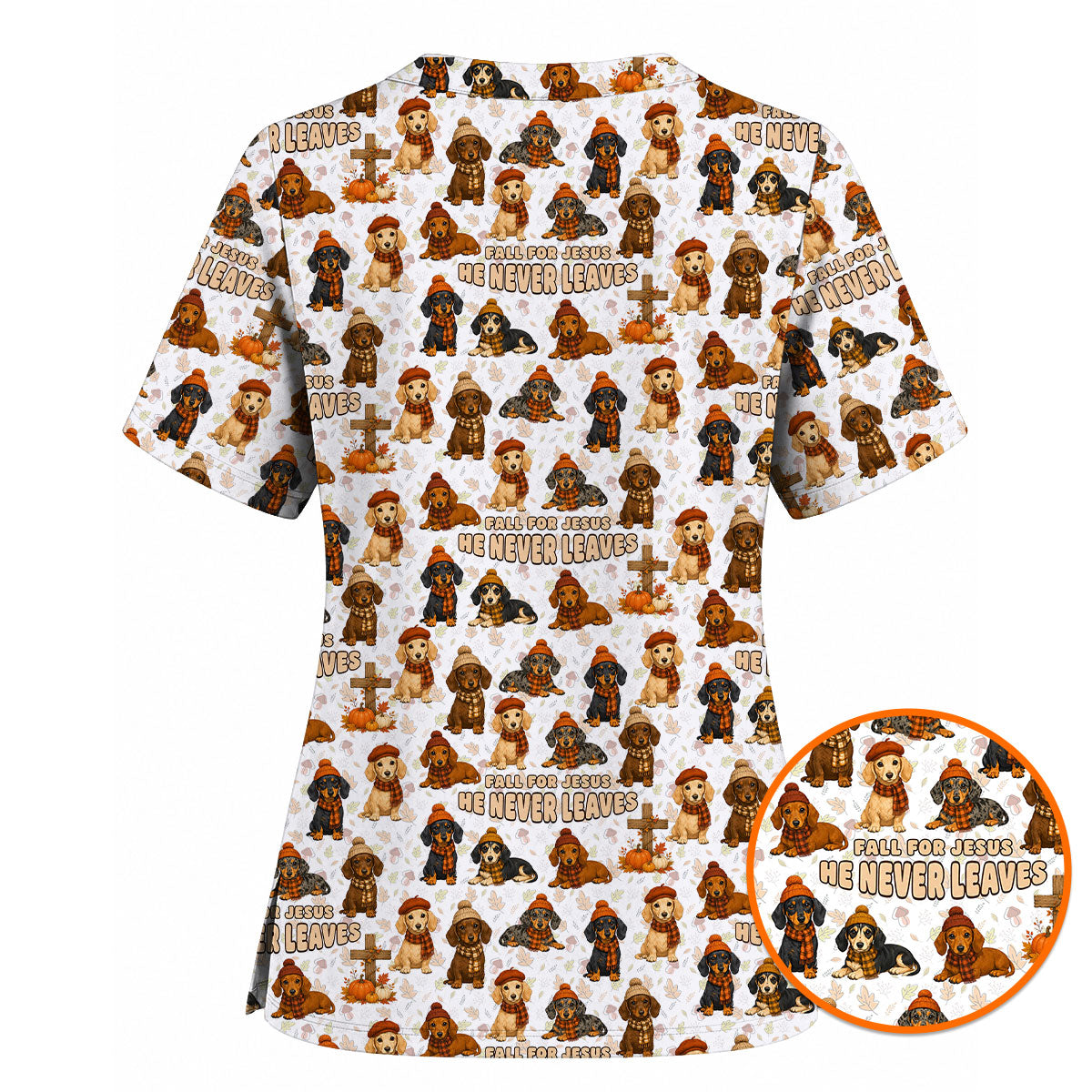 Autumn Dachshund Scrub Top, Wiener Dog Fall Nursing Uniform for Dog Lovers, Comfortable Scrubs for Nurses