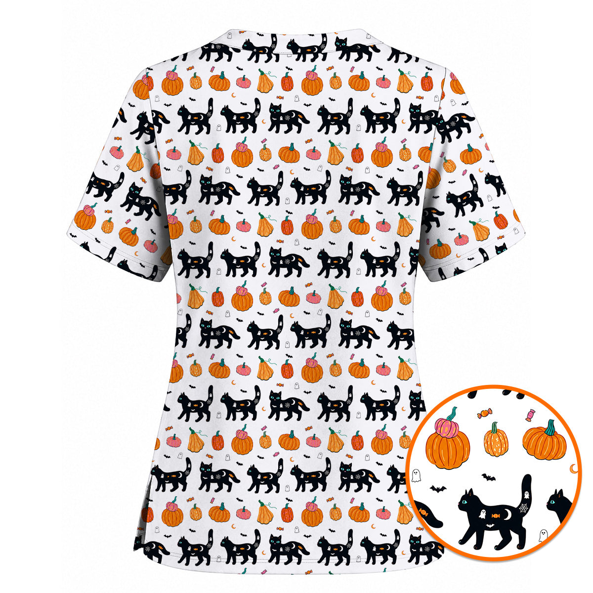 Halloween Black Cat Scrub Top, Pumpkin Cat Print Scrubs, Spooky Nurse Uniform