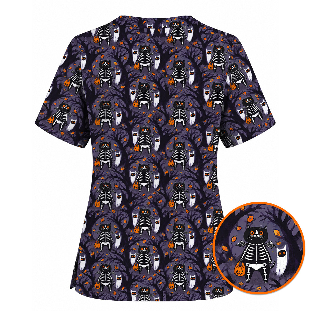 Skeleton Cat Halloween Scrub Top, Spooky Black Cat Nurse Scrubs, Halloween Medical Uniform