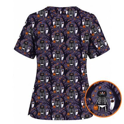 Skeleton Cat Halloween Scrub Top, Spooky Black Cat Nurse Scrubs, Halloween Medical Uniform