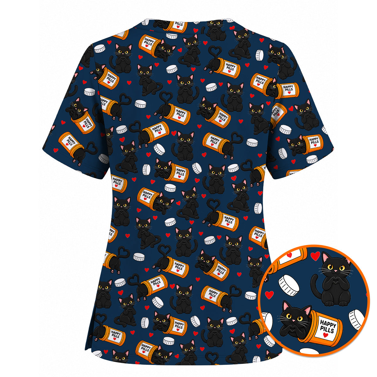 Black Cat Happy Pills Nurse Scrub Top, Funny Pharmacy Cat Scrubs for Nurses, Cute Medical Nursing Uniform Gift