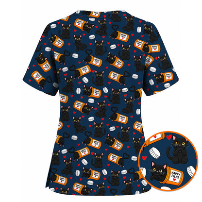 Black Cat Happy Pills Nurse Scrub Top, Funny Pharmacy Cat Scrubs for Nurses, Cute Medical Nursing Uniform Gift