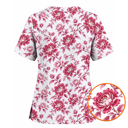 Peony Floral Scrub Top for Women, Elegant Peony Nurse Scrub Shirt, Floral Nursing Uniform For Healthcare Workers