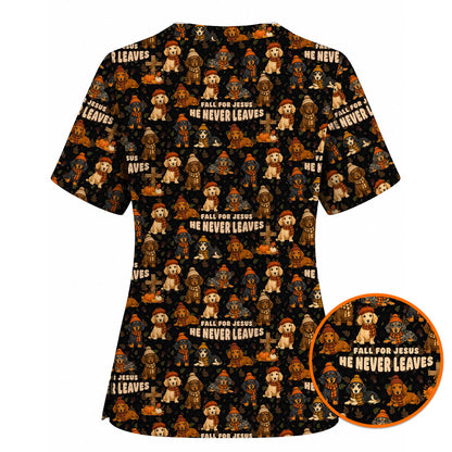 Autumn Dachshund Scrub Top, Wiener Dog Fall Nursing Uniform for Dog Lovers, Comfortable Scrubs for Nurses